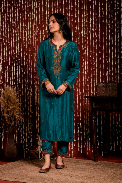 Teal Color Silk Kurta And Trousers