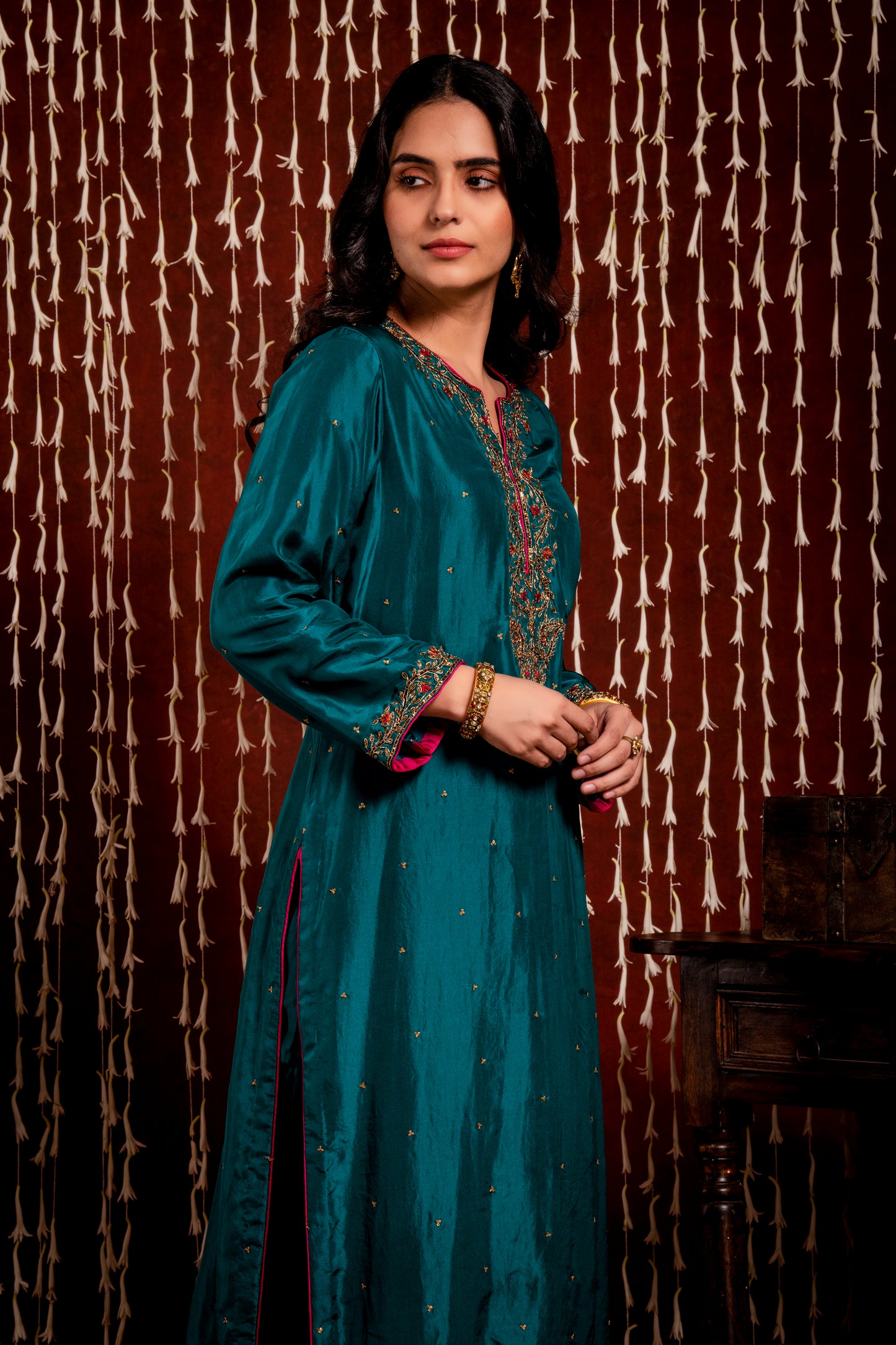 Teal Color Silk Kurta And Trousers