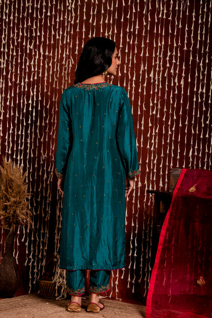 Teal Color Silk Kurta And Trousers