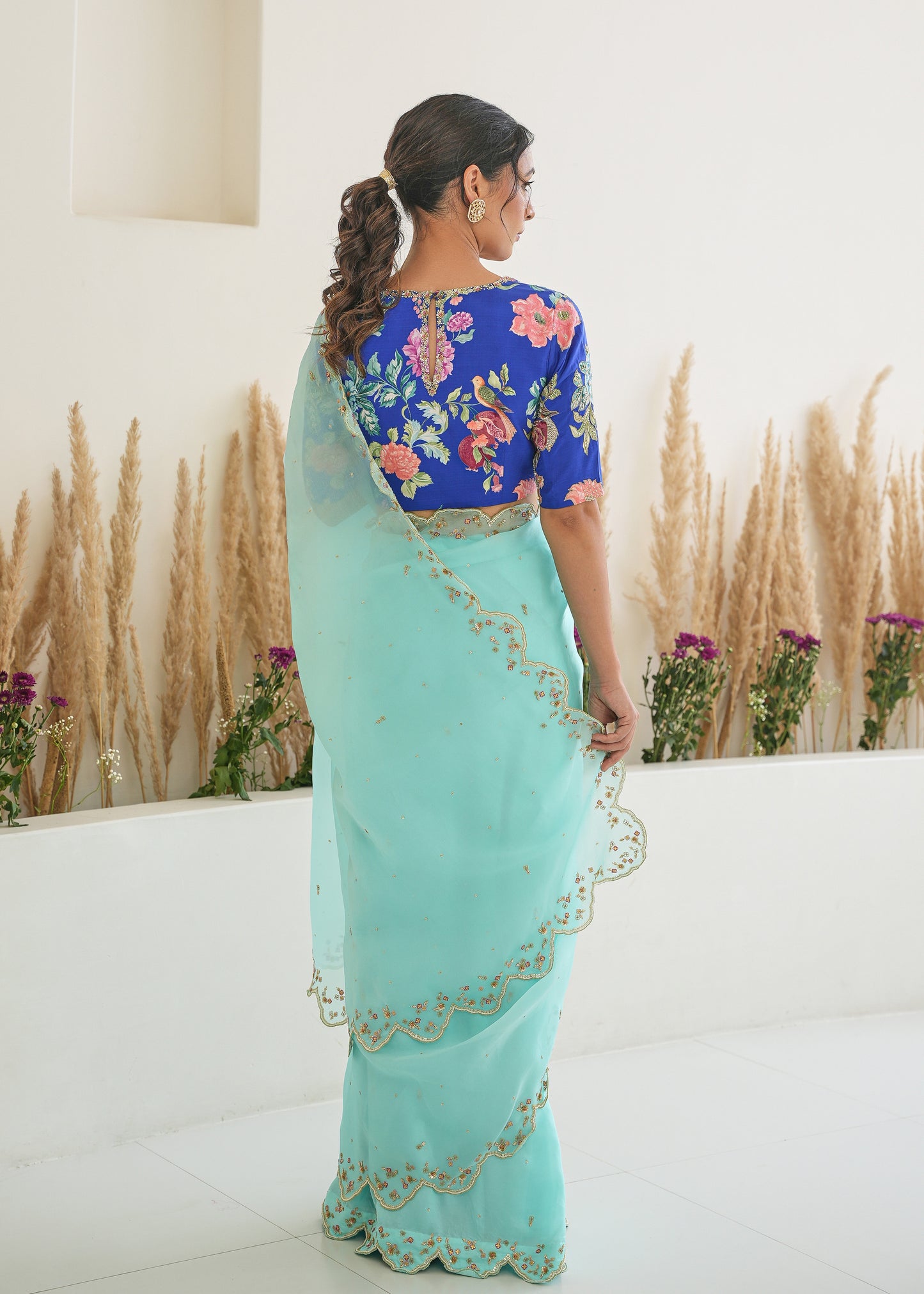 Nargis Saree Pebble Blue Fiza Blouse - Aqua Blue