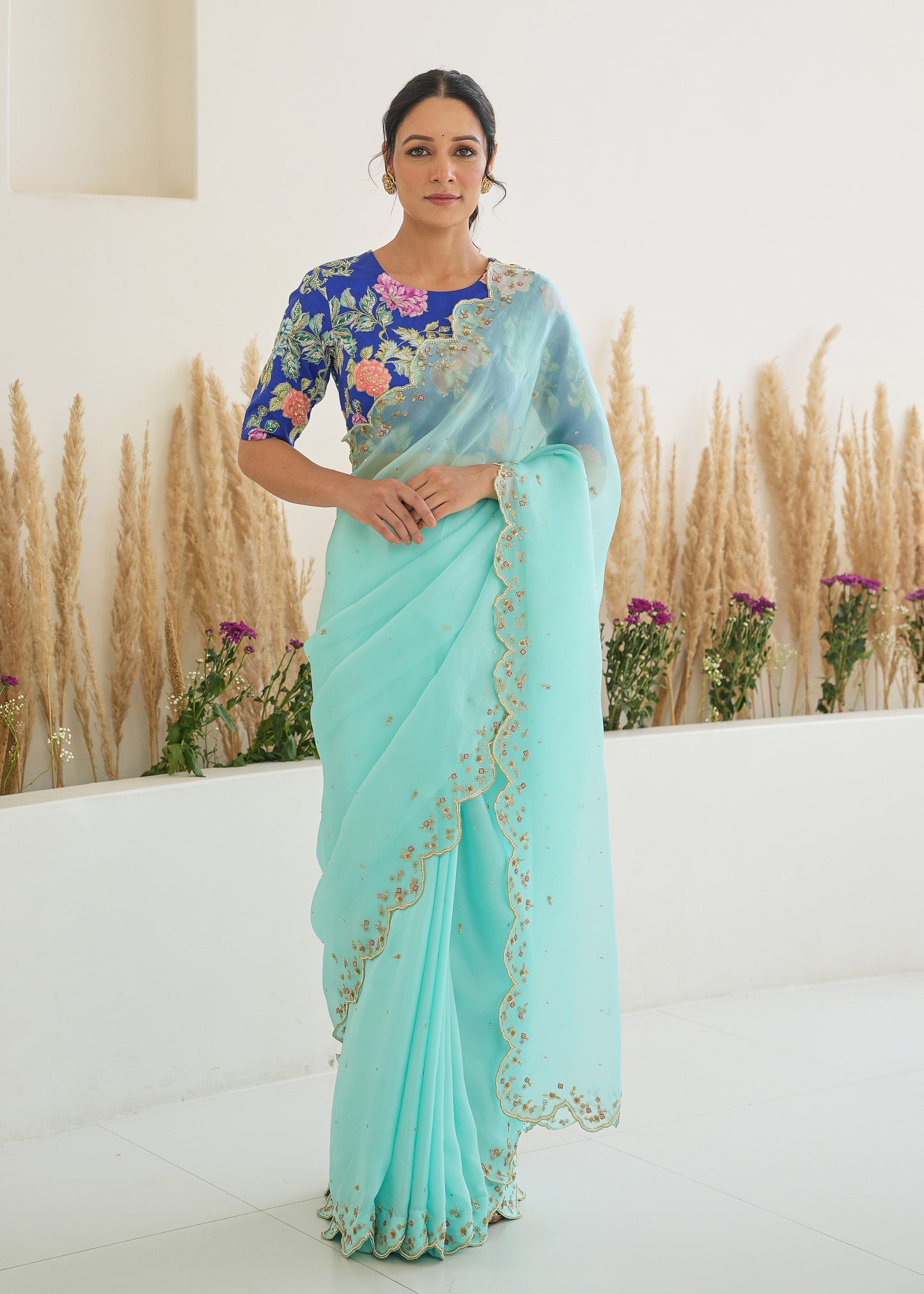 Nargis Saree Pebble Blue Fiza Blouse - Aqua Blue