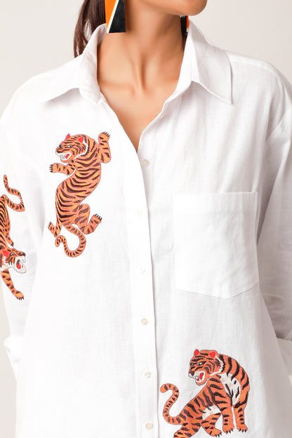 Tiger Embroidered Linen Co Ords - Ivory