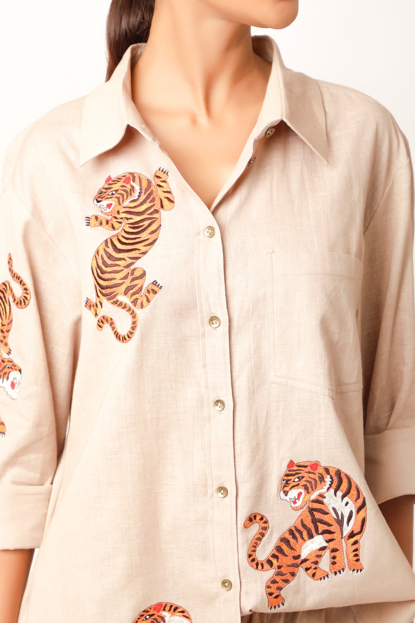 Tiger Embroidered Linen Co Ords - Beige
