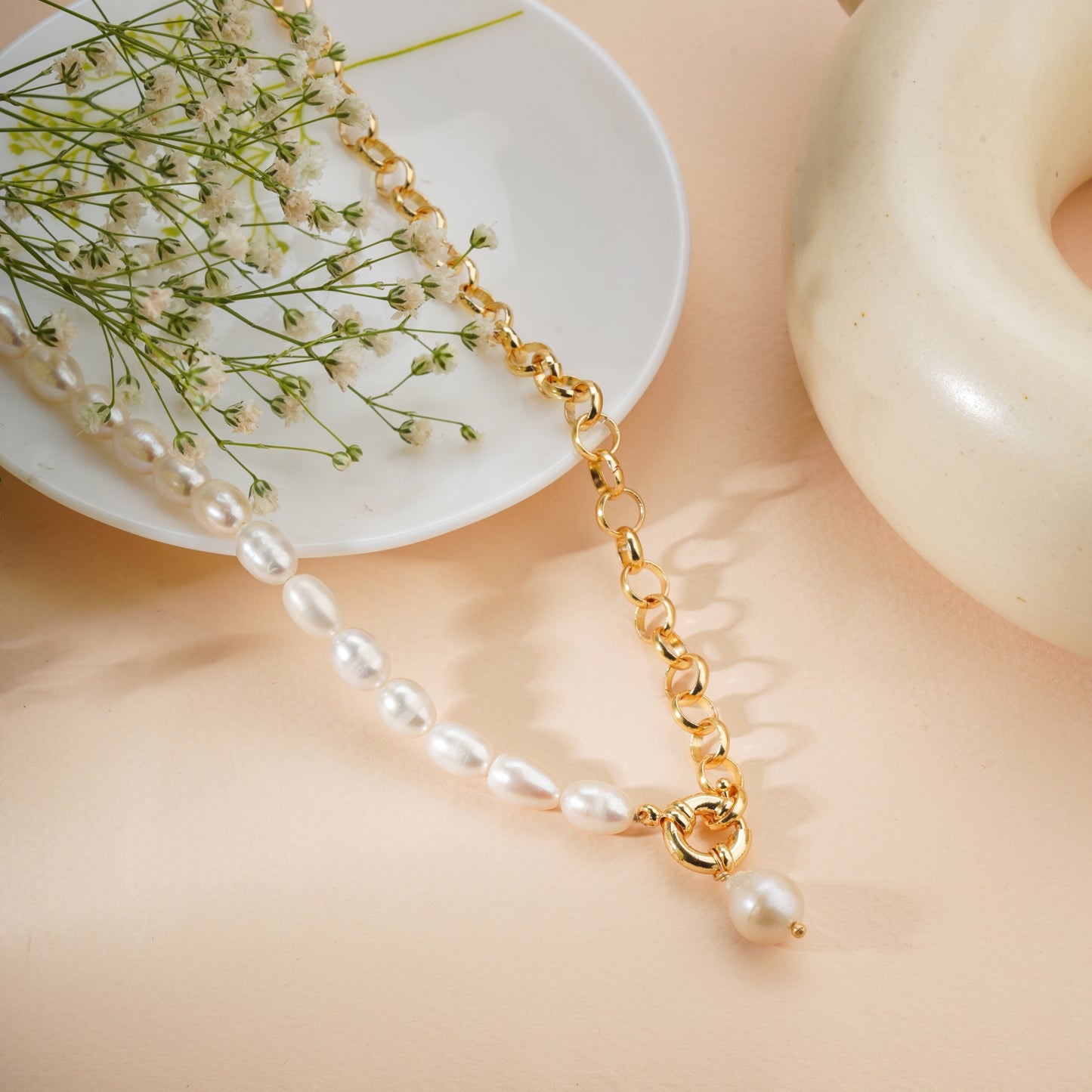 Half Pearl Half Chain Necklace