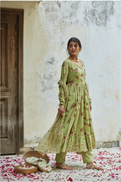 Pista Green Anarkali Beauty: Cotton Gather Anarkali Set with Chanderi Duppata-M 11