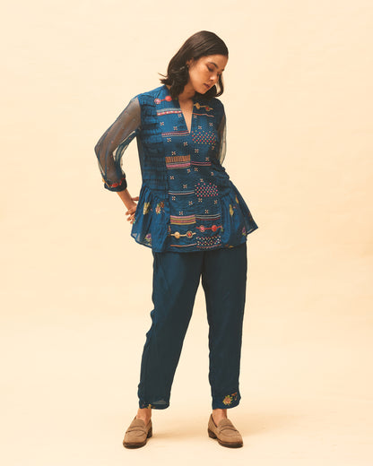 Indigo Embroidered Top With Pants