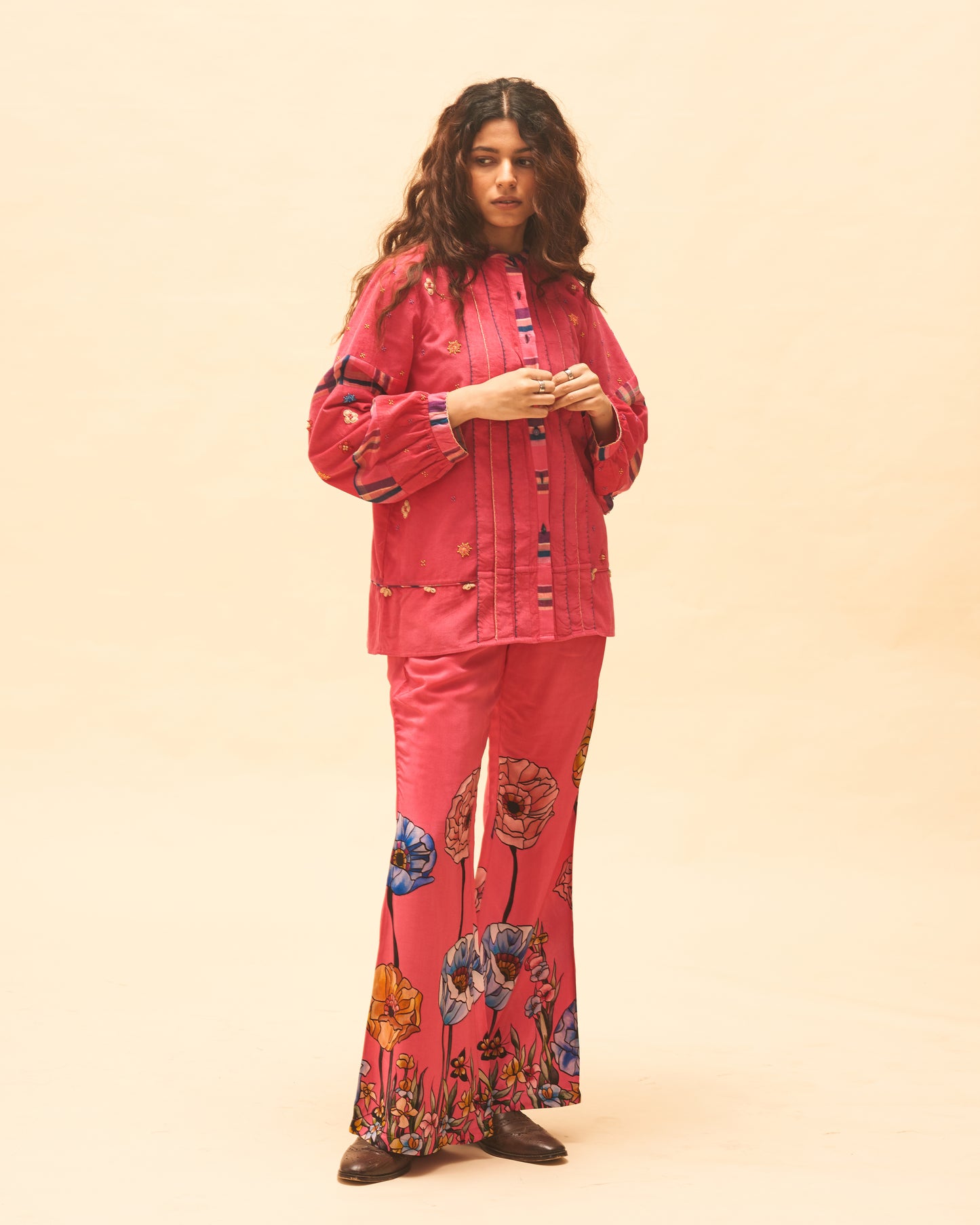 Fuchsia Pleated Jacket With Palazzo Pants