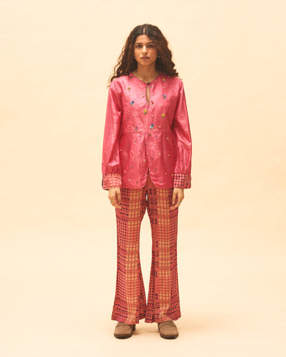 Fuchsia Shimmer Top With Checked Pants
