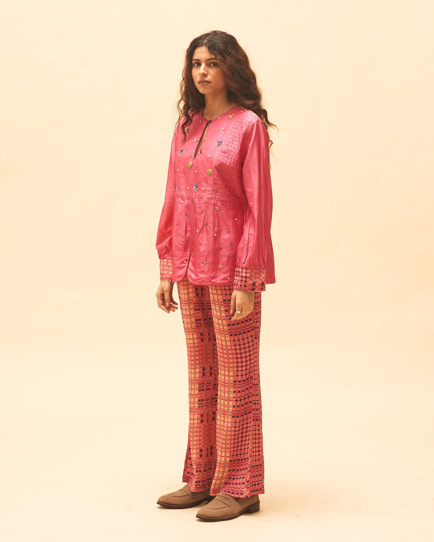 Fuchsia Shimmer Top With Checked Pants