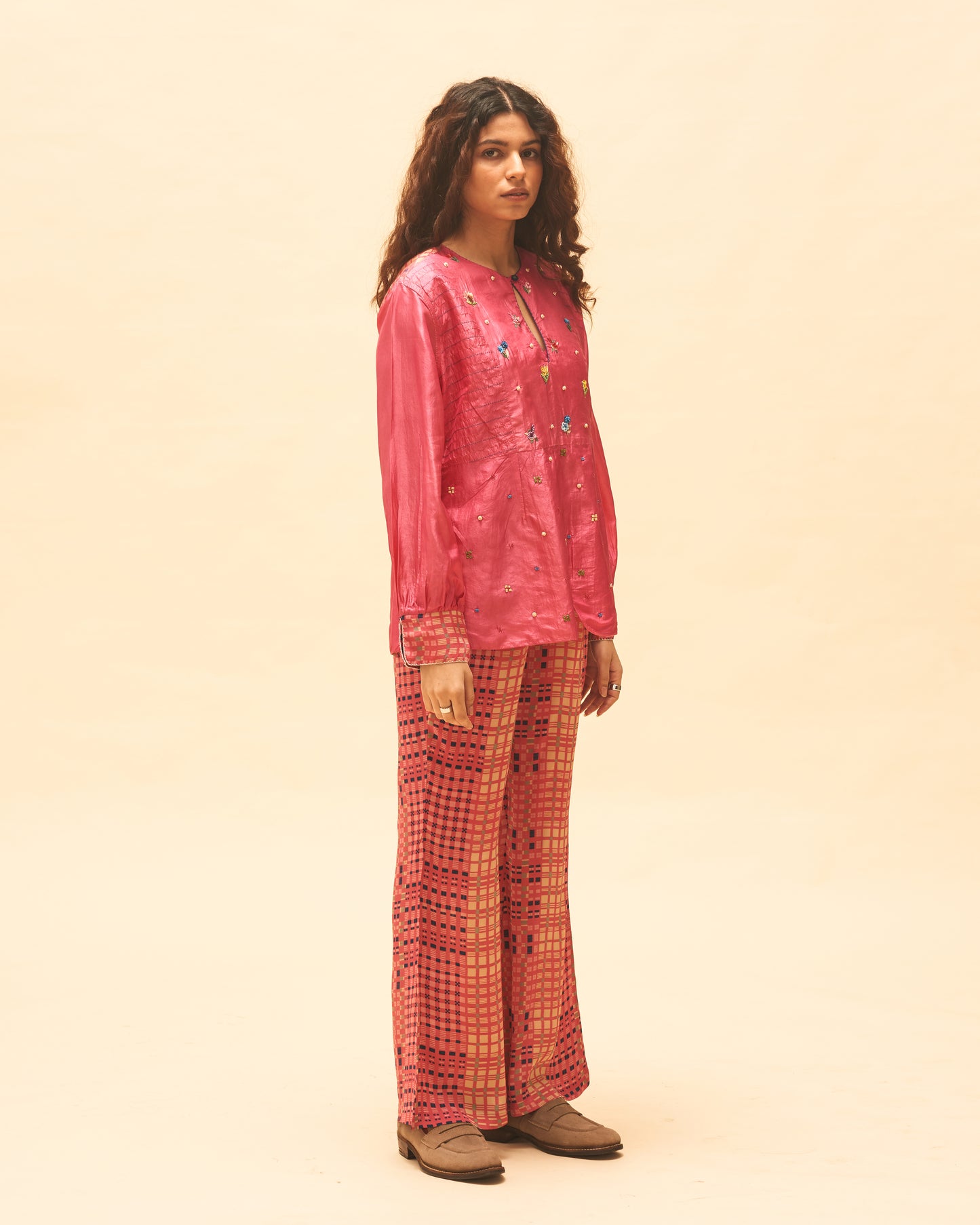 Fuchsia Shimmer Top With Checked Pants