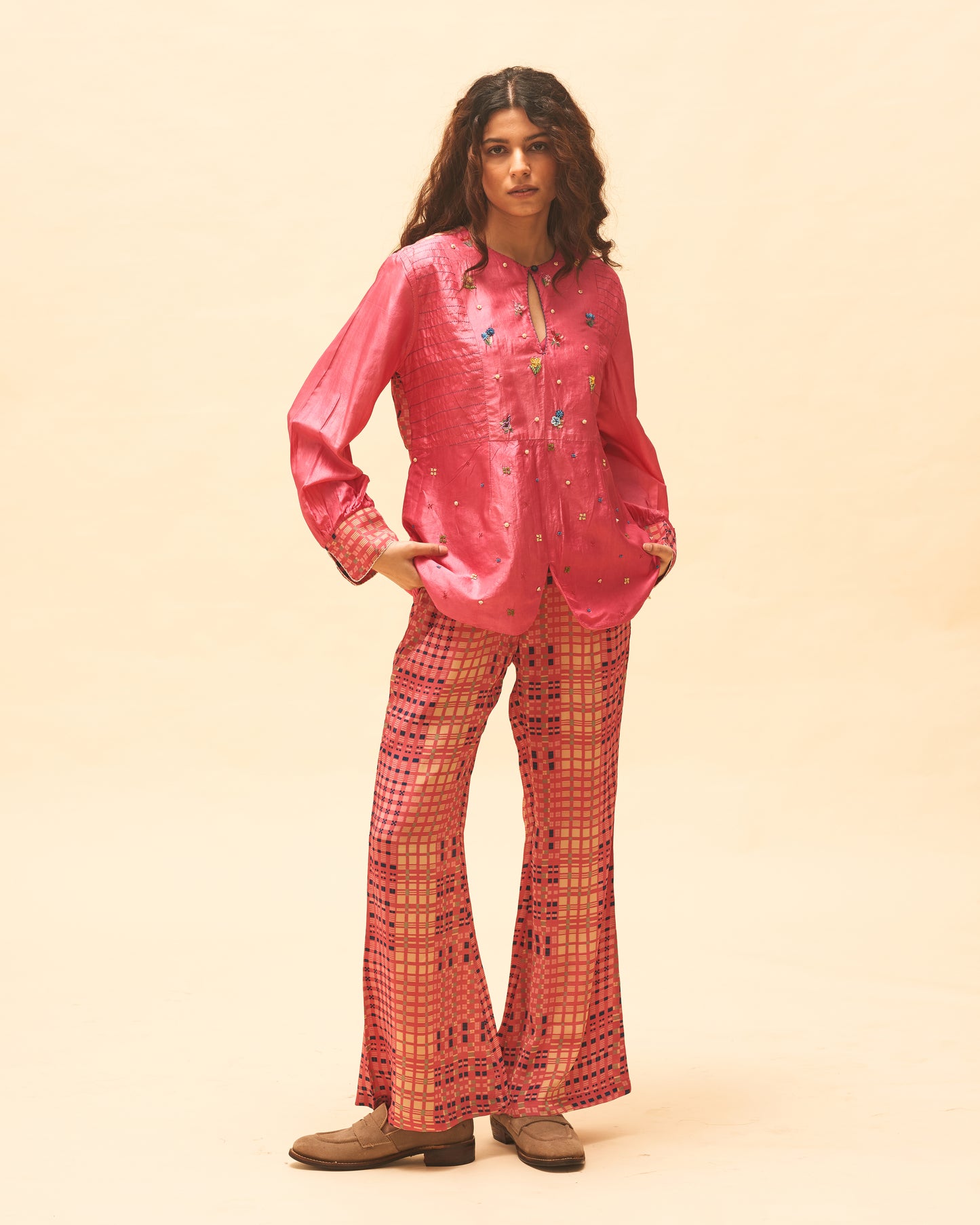 Fuchsia Shimmer Top With Checked Pants