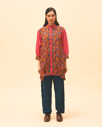 Fuchsia Floral Top With Indigo Panelled Pants