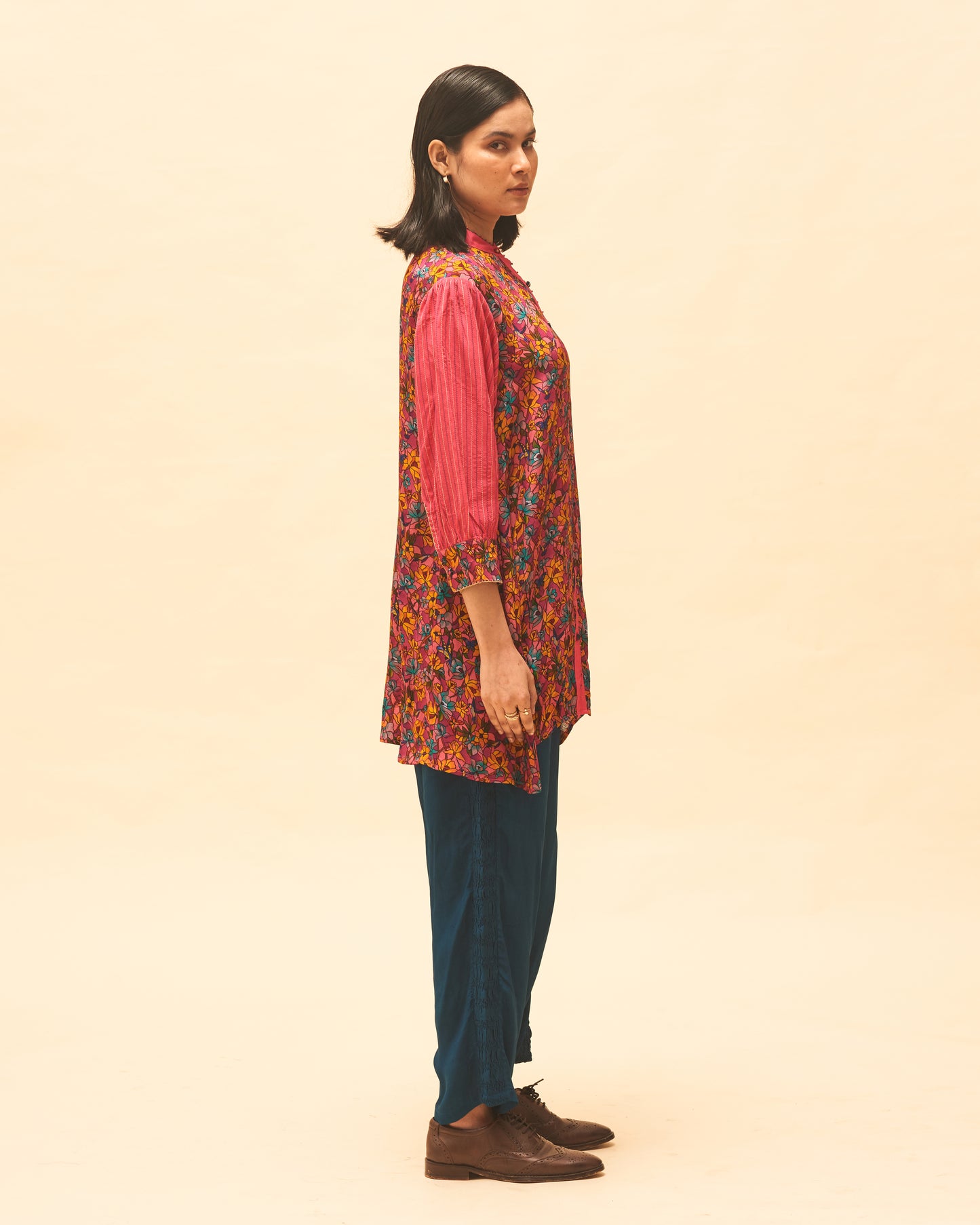 Fuchsia Floral Top With Indigo Panelled Pants