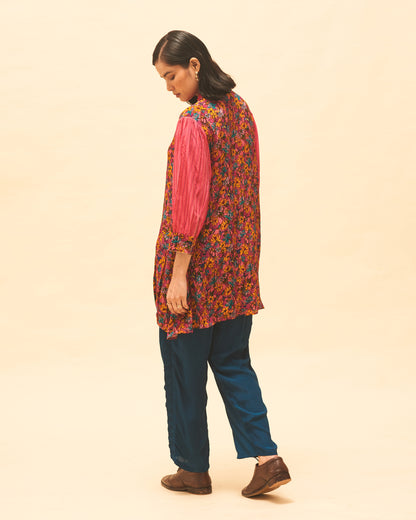 Fuchsia Floral Top With Indigo Panelled Pants