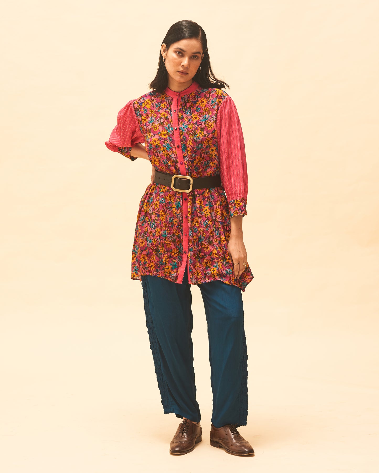 Fuchsia Floral Top With Indigo Panelled Pants