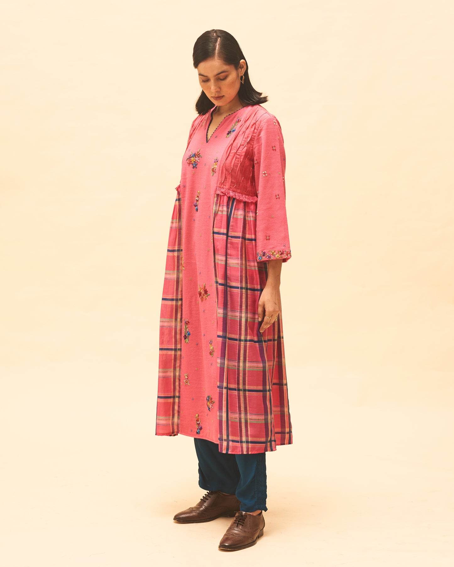 Fuchsia Gathered Tunic With Indigo Panelled Pants