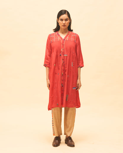 Crimson Buttoned Tunic With Sand Panelled Pants