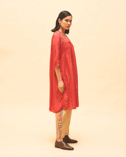 Crimson Buttoned Tunic With Sand Panelled Pants