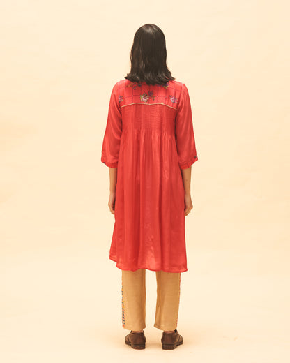 Crimson Buttoned Tunic With Sand Panelled Pants