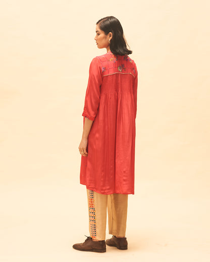 Crimson Buttoned Tunic With Sand Panelled Pants
