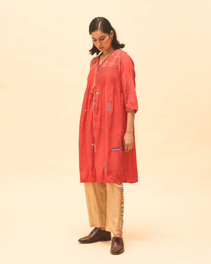 Crimson Buttoned Tunic With Sand Panelled Pants