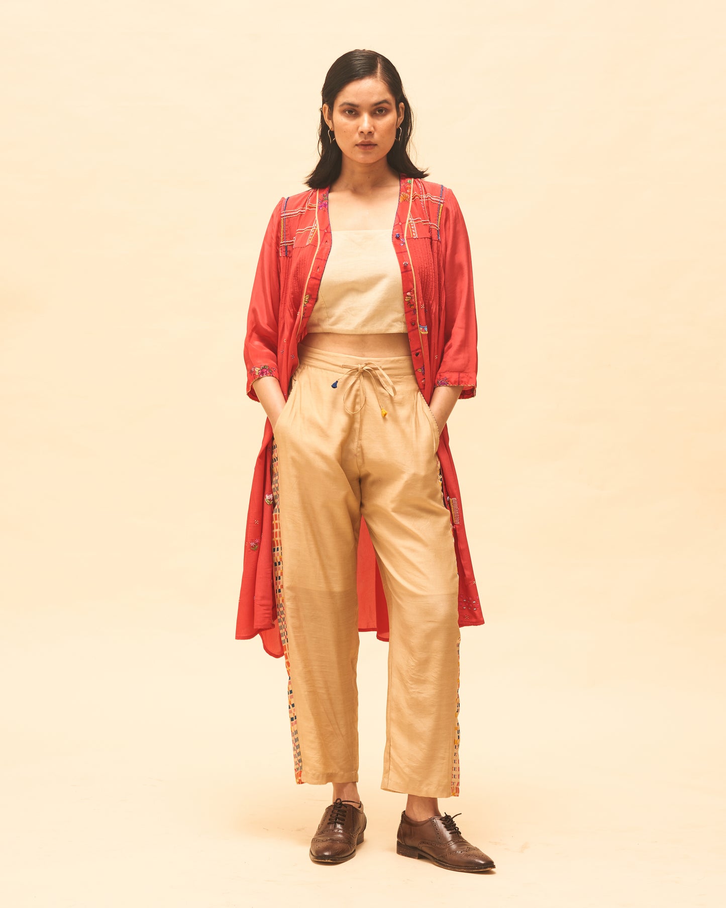 Crimson Buttoned Tunic With Sand Panelled Pants